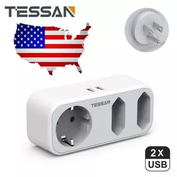 Дорожный адаптер TESSAN из ЕС в США, адаптер-розетка 3 в 1 с 2 портами USB, европейский дорожный адаптер типа B для США, Канады, Мексики