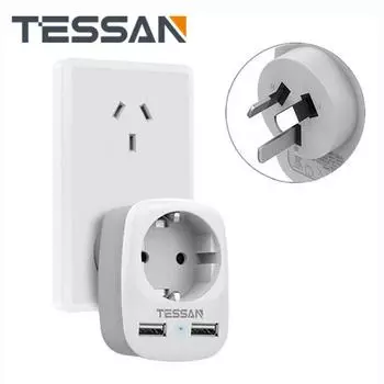 Дорожный адаптер TESSAN из Германии в Австралию Переходник-разъем 3-в-1 с 2 портами USB 1 Outlet & 2 USB Ports серый