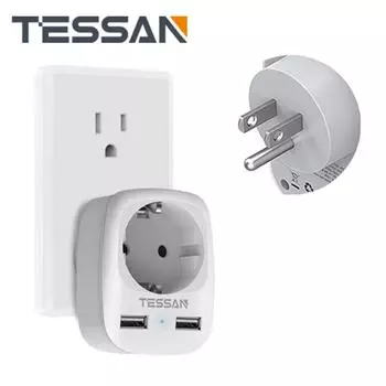 Дорожный адаптер TESSAN, переходник с розеткой из ЕС в США с 2 USB, адаптер для дорожной вилки, 2-контактный европейский Schuko на 3-контактный, США, Канада, Мексика 1 Outlets 1 USB 1 Type C серый