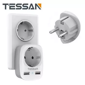 Дорожный адаптер USB-вилки TESSAN, удлинитель настенной розетки европейского стандарта с 1 розеткой переменного тока и 2 портами USB, портативный удлинитель с несколькими вилками европейского стандарта