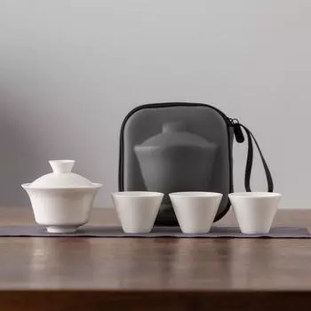 Дорожный чайный набор кунг-фу, портативный овечий жир, нефритовый фарфор, высококлассный уличный дорожный набор, один горшок, три чашки, домашний чайник Style B