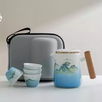 Дорожный чайный набор, портативный автомобильный керамический чайный набор для кунг-фу, 1 чайник, 4 чашки с сумкой для хранения