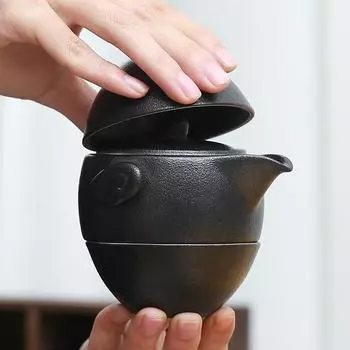 Дорожный чайный сервиз Ru Kiln, 1 чайник, 2 чашки, заварник для чая Kongfu, портативная гайвань, керамическая посуда для чайной церемонии в офисе