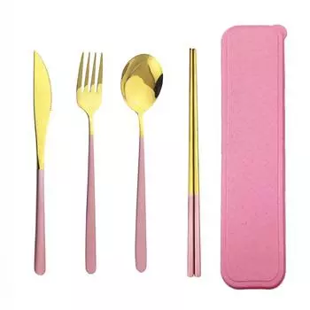 Дорожный набор посуды из розового золота с ножом, вилкой, ложкой, палочками для еды, набор столовых приборов, зеркальный набор столовых приборов, набор столовой посуды из нержавеющей стали розовый/серебряный