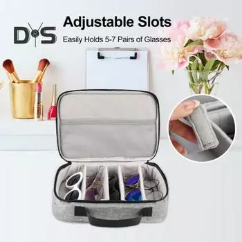 Дорожный органайзер для солнцезащитных очков, застежка-молния, большая вместимость, несколько отделений, мягкая подкладка, органайзер для хранения очков серый