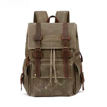Дорожный рюкзак Crazy Horse Leather Casual Backpack Водонепроницаемый мужской наплечник с масляно-восковым чехлом из холста серый