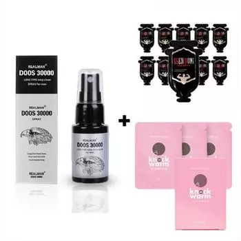 DOS 30000 Real Mendus Spray 30000 For Men Power Spray + Sennom 1,5 г (10p) + Массажный гель Knock Me Warm 4 г (3p), 1 шт., 20мл