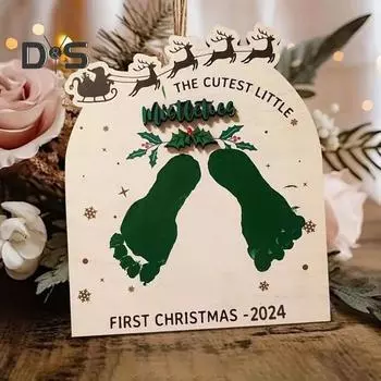 Доска для отпечатков ног младенца на Рождество, отпечатки ног младенца, омелы, деревянный знак, сделай сам, отпечатки ног новорожденных мальчиков и девочек, доска для художественного творчества, подарок на память новой маме A