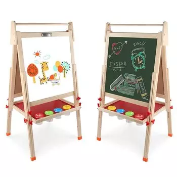 Доска для рисования, деревянный мольберт, двойная панель, включая доску для рисования мелом и доску для рисования, помогает детям учиться, регулируемая высота, складная, с местом для хранения