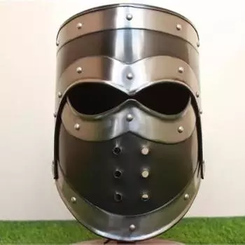 Доспехи Эдварда, затемненный стальной рыцарский шлем с деревянной подставкой, черная отделка, головной убор для костюма на Хэллоуин, шлем крестоносца