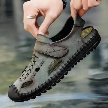 Достаньте из шкафа и уберите протечки, кожаные сандалии-мешки, мужскую плоскую пляжную обувь для отдыха на открытом воздухе 38 чёрный