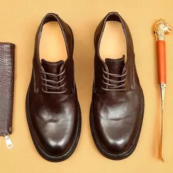 [Доставка 7 дней] Мужская кожаная обувь ручной работы, подошва из натуральной кожи, туфли дерби с кожаной поверхностью, деловые повседневные туфли из стираной кожи в стиле ретро 38 чёрный