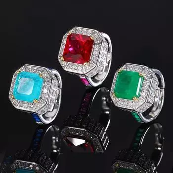 Доставка ювелирных изделий Медное дно Серебряное покрытие Имитация красного корунда Кольцо с бриллиантами Изумруд Циркон Кольцо