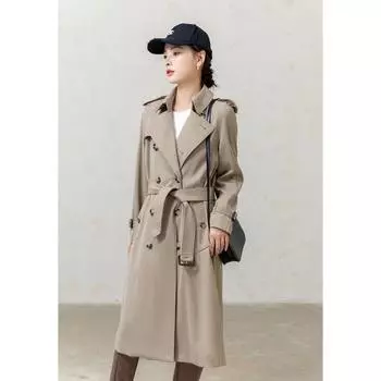 Доступная роскошь Тренч средней длины Длинный Свободный выше колена Шерсть камвольная Fancy gray green 34 = S (Classy Elegant)