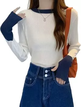 Доступно в 6 ребристых двухцветных длинных изящных утягивающих для трикотажа и верхней части белого трикотажного нижнего белья [Nune] цвета, трикотаж, трикотаж, женский, рукав, внешний вид, тонкий,