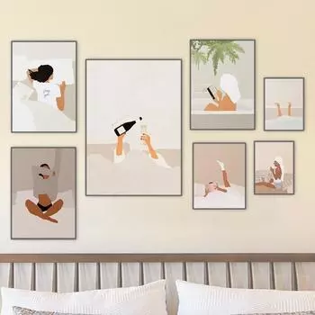 Досуг Богемия Девушка с кроватью Шампанское Сон Ванна Книга Кофейные принты Настенное искусство Холст Плакаты для декора гостиной 21cm30cm NoFrame