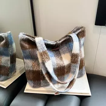 Досуг Клетчатая контрастная цветная сумка-тоут для женщин осень-зима Большая вместительная сумка из твида Популярная универсальная женская сумка подмышкой (30cm<Max Length<50cm)