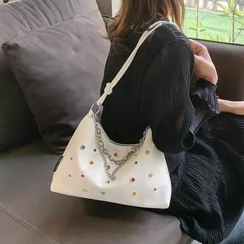 Досуг Мягкая сумка через плечо из искусственной кожи Новая женская популярная цветная большая вместительная сумка с бриллиантами подмышками Модные сумки-ведра с цепочками (30cm<Max Length<50cm)