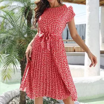 Досуг с коротким рукавом и цветочным кружевом плиссированное платье весна-лето женское средней длины M