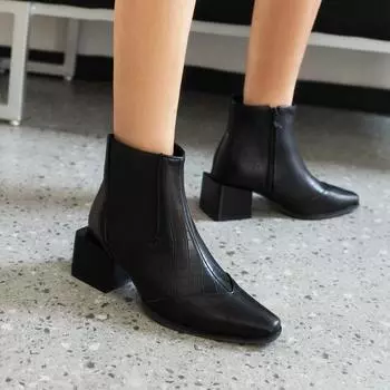 Досуг свидания современные низкие сапоги женские туфли змеиный узор пэчворк квадратный носок блочный каблук ботильоны челси 6