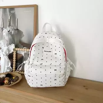 Dot Letter Printed Versatile Backpack With Lightweight Nylon For Travel School White Small