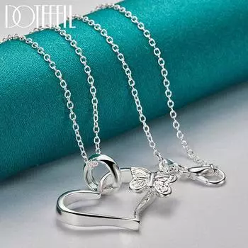 DOTEFFIL стерлингового серебра 925 пробы в форме сердца в рамке с бабочкой 18 дюймов кулон ожерелье для женщин свадебная вечеринка модные украшения 45cm