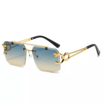 Double Beam Trimmed Square Rimless Glasses Sunglasses Men, Leopard Trend Sunglasses Women Regular