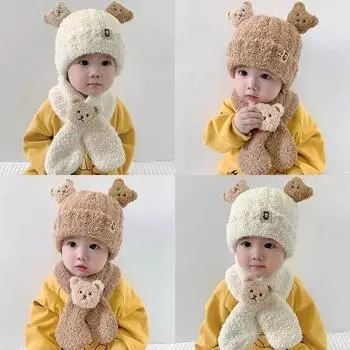 Double bear plush baby hat autumn and winter baby boy scarf two-piece set children s and women s warm cute wool hat Three Bears Set (6-36 months)