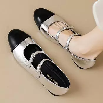 Double Belt Buckle Ballets Shoes Ladies Mixed Color Silver Ballerina Flats Women Party Wedding Loafers Round Toe Mary Janes 40