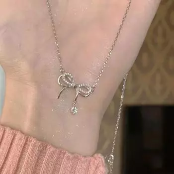 Двойное ожерелье с бантом, женская цепочка на ключицу серебряный