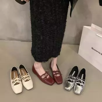 Double Bowknot Women Mary Jane Shoes New 2024 Spring Summer Square Toe Dress Flat Shoe Ladies Red Soft Sole Laofers Shoe Zapatos 35