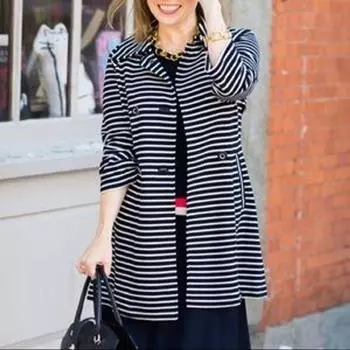 Double-Breasted Slimming Stripes Cardigan Slim Trench Coat Dark blue white stripes XXS