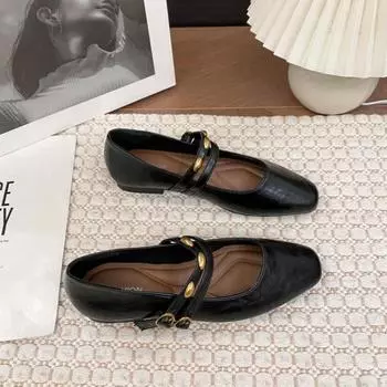 Double buckle with retro square head shoes women s autumn new flat-bottomed small leather shoes with skirts and shallow single shoes 35