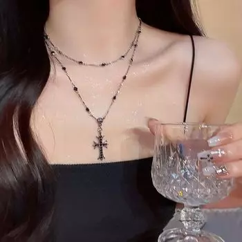 Double Cross Necklace for Women Classy Korean Style Sweet Cool Sexy Original Light Luxury Minority 2025 New Arrival Ornament Accessories Dark cross double necklace 65+5cm]