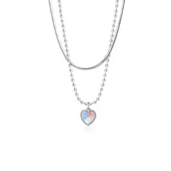 Double Design Love Moonstone Necklace Women S Elegant Sweet Gradual Change Gemstone Peach Heart Collarbone Chain Snake Bone Chain