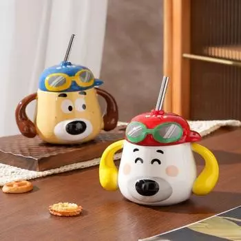 Double Eared Puppy Mug with High Aesthetic Value, Cartoon Cute Couple Creative Birthday Gift, Straw Water Cup, Large Capacity 401-500ml