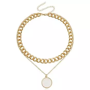 Double Geometric Round White Fritillary Pendant Neck Chain Necklace Female, Coarse Metal Aluminum Chain Necklace