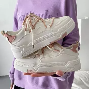 Double Lace-up Little White Shoes Children s Spring and Autumn New Ins Trendy Thick-soled Versatile Casual Leather Board Shoes 36 розовый