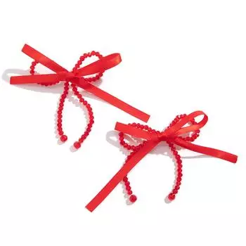 Double Layer Bowknot Drop Earrings Ribbon Pearl Beads Bow Ear Studs for Women Fashion Elegant Wedding Jewelry Gift красный