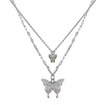 Double-Layer Butterfly Necklace Female Clavicle Chain Elegant Light Luxury Minority Classy Stylish Summer Ornament Titanium Steel Necklace Double Butterfly Necklace