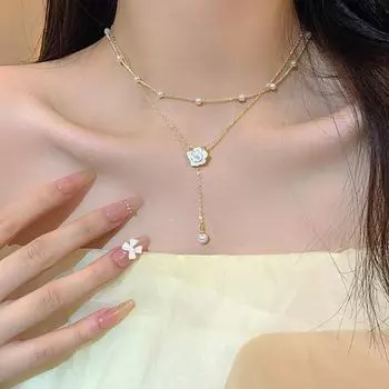 Double-Layer Camellia Titanium Steel Necklace - Elegant Korean Design with Long Tassel Clavicle Chain X1127 золотой