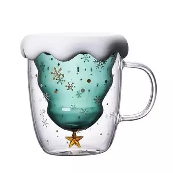 Double Layer Christmas Tree Mug Mountain Glass cup Heat Cold Resistance Glass Coffee Cup Cartoon Christmas Gift Milk Juice Cup 401-500ml