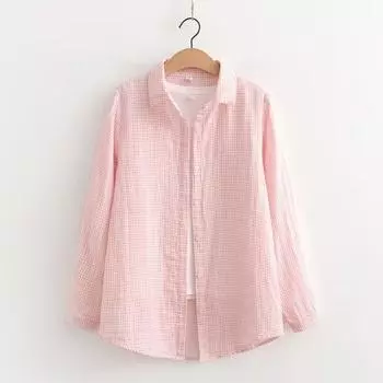 Double-Layer Cotton Yarn Gingham Long Sleeves Shirt Women s Loose 2025 Autumn New and Refreshing Artsy Pure Cotton Soft Shirt Pink grid XL 59.00 kg-67.50 kg