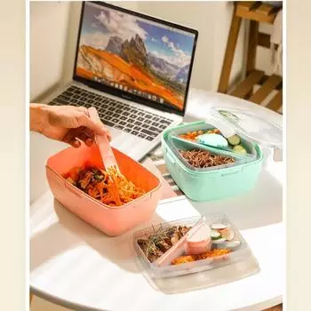 Double Layer Portable Picnic Fruit Salad Lunch Box Compartment Plastic Covered Cutlery Bento Lunchbox Food Storage Containers