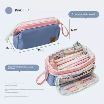 Double Layer Quadrel Pencil Case Minimalist Large Opening Stationery Case Primary School Junior High School Student Dedicated Large Capacity Pen Case Pink Blue