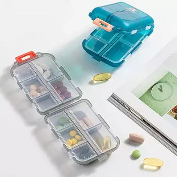 Double Layer Small Medicine Box Portable Pill Box Transparent 10 Compartment Sealed Medicine Storage Box Household Storage зелёный