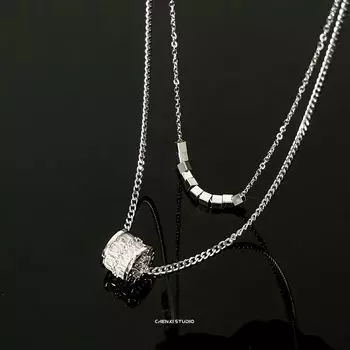 Double-Layer Small Square Small Waist Clavicle Chain Boys Cold Style Women s Necklace Special-Interest Design Fancy Ornament Double Necklace/Non-detachable