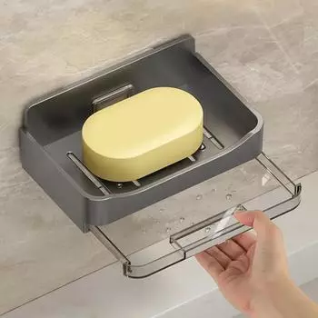 Double Layer Soap Holder Bathroom Soap Dish With Drain Water Self Adhesive Soap Container Box Plastic Wall Soap Dispenser Tray светло-серый