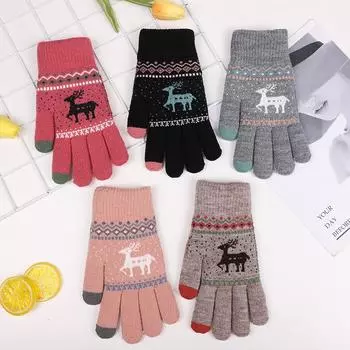 Двухслойные Утолщенные и Бархатные Зимние Теплые Перчатки с Сенсорным Экраном для Велоспорта и Вождения, Защищающие от Холода и Мороза, Вязаные Перчатки с Рождественским Оленем для Мужчин