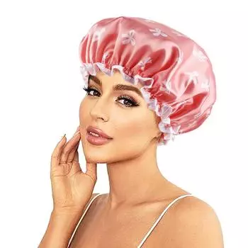 Double-layer Water-proof Shower Cap Antifouling Kitchen Hair Cover Bathroom Bath Hat Elastic Comfortable розовый